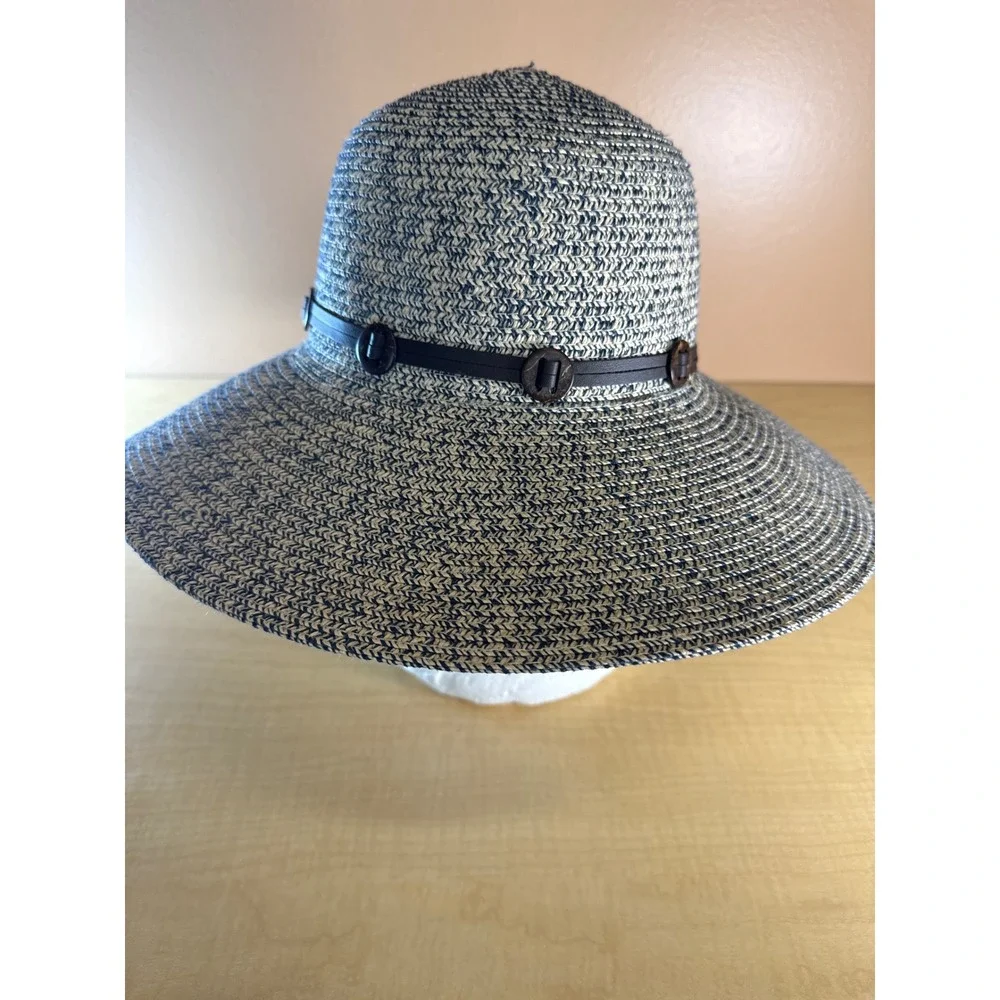 Woven Paper Straw Wide Brim Sun Hat Navy Tan Marled with Wood Bead Band